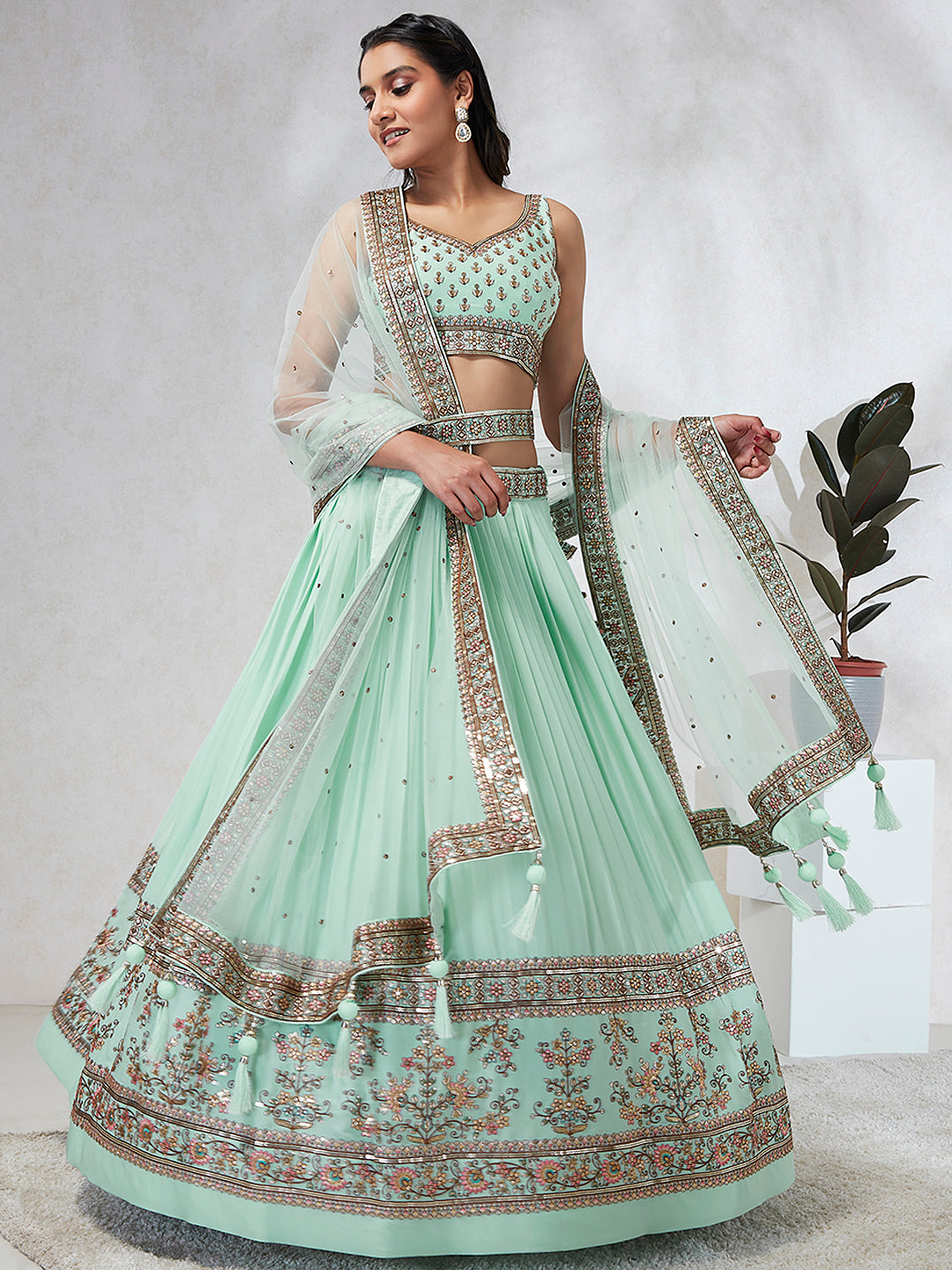 House of Panchhi Burgundy Pure Georgette Sequins And Thread Embroidery Lehenga Choli & Dupatta | Swadesiicart