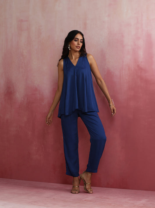 trueBrowns Blue Modal Flared Kurta Co-ord Set - Swadesiicart