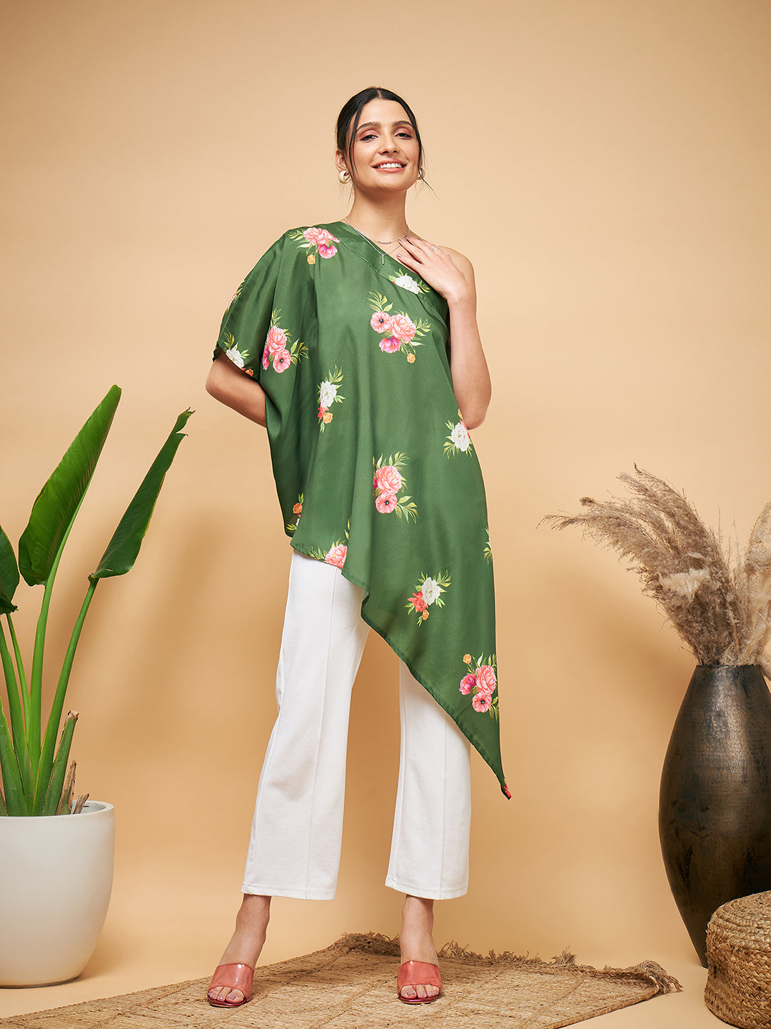InWeave Women's Green Small Flower One Shoulder Kurta - Swadesiicart