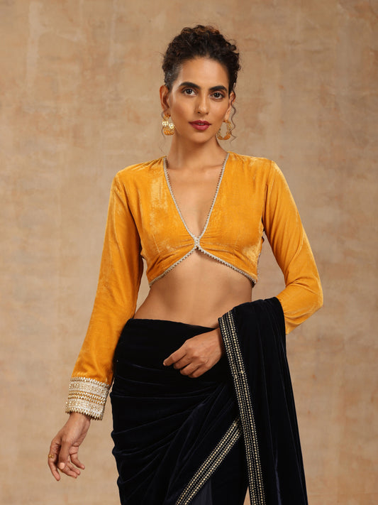 trueBrowns Mustard Velvet Lace Blouse | Swadesiicart