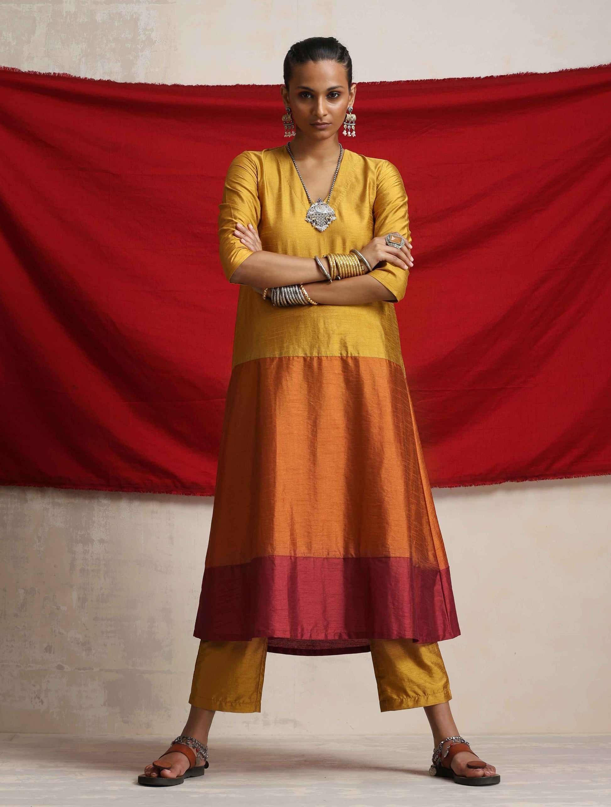 trueBrowns Gold Orange Silk A-line Kurta Set | Swadesiicart
