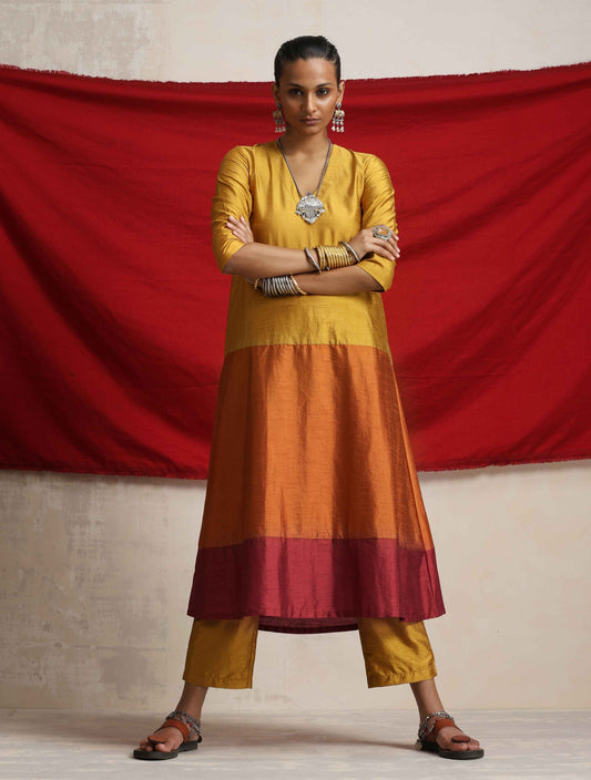 trueBrowns Gold Orange Silk A-line Kurta Set | Swadesiicart