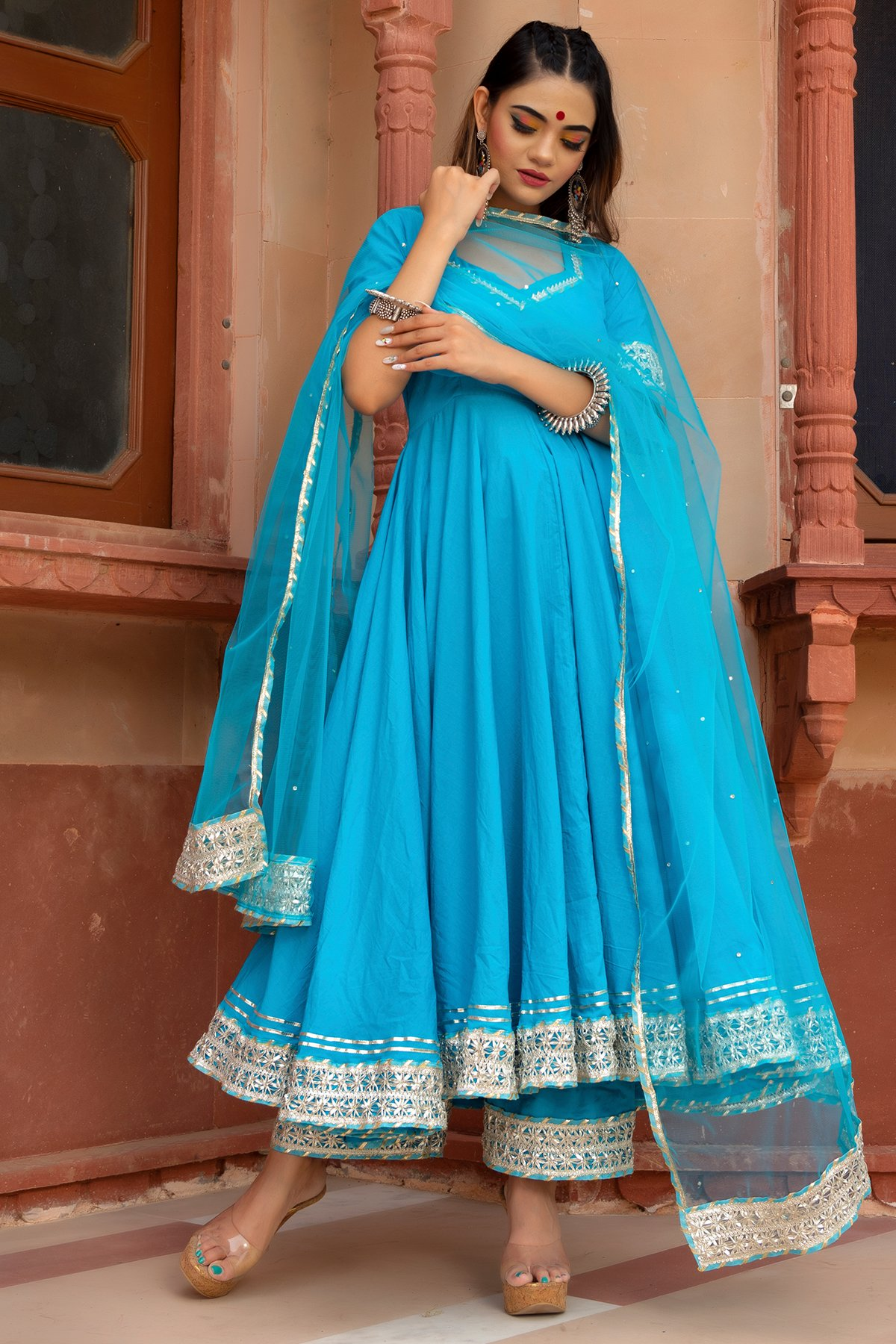 Pomcha Jaipur Kalamkari Blue Pure Cotton Anarkali Set | Swadesiicart