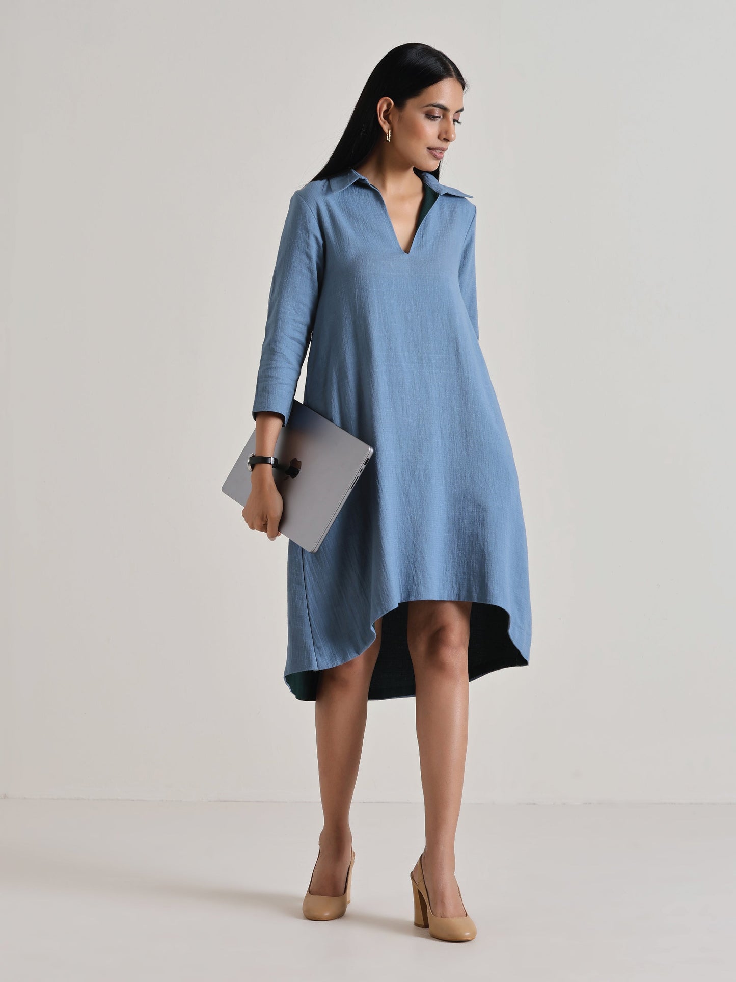 trueBrowns Light Blue Short Collared Dress | Swadesiicart