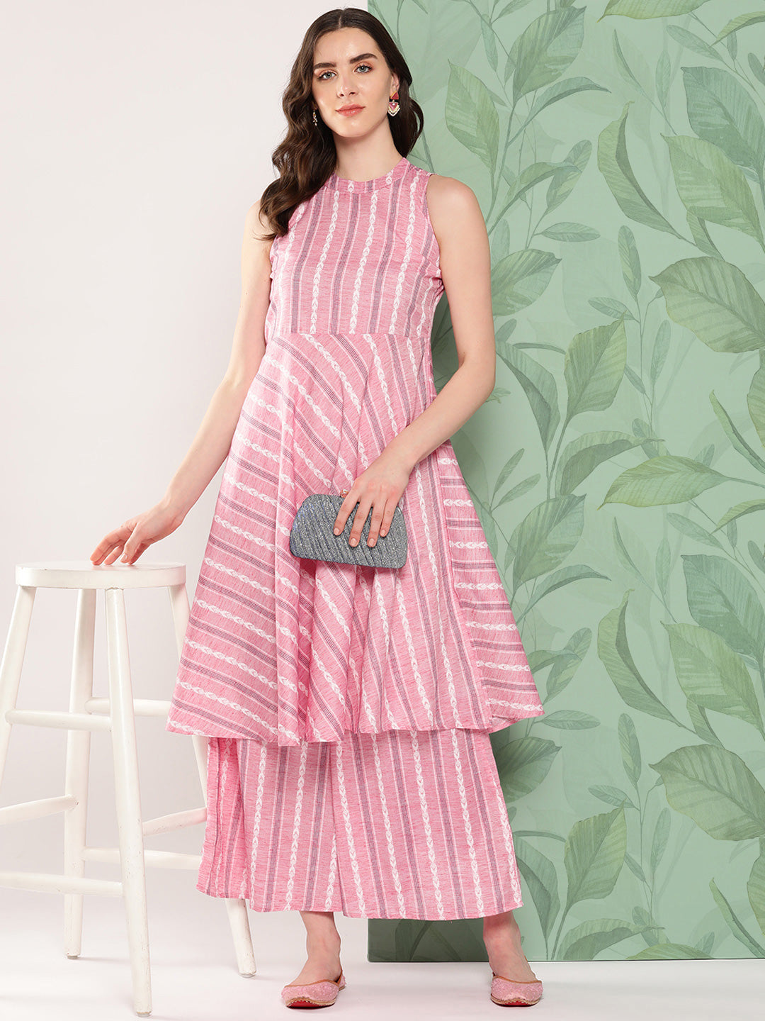InWeave Women's Pink Kantha Striped Kurta Set - Swadesiicart