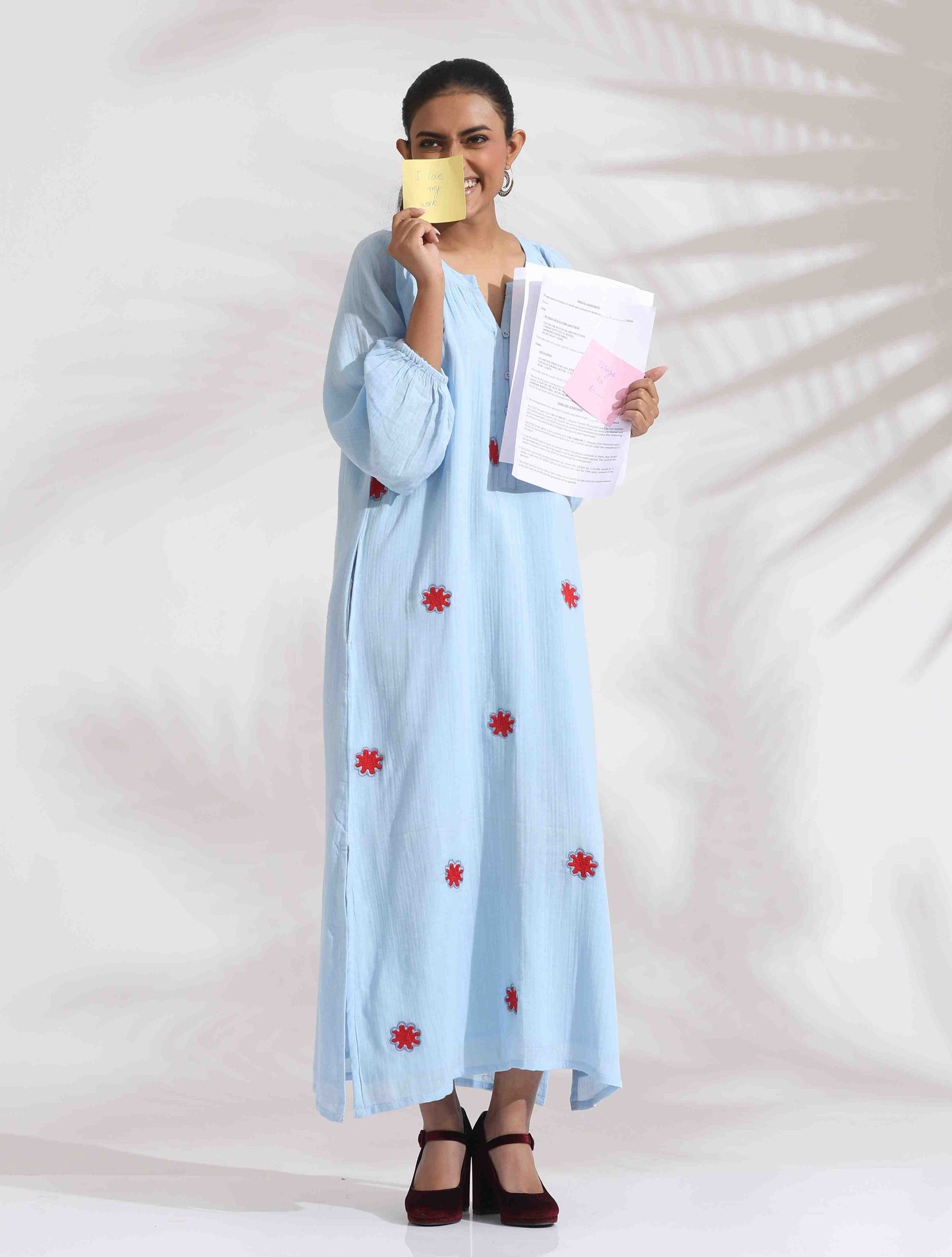 trueBrowns Blue Cotton Embroidered Dress | Swadesiicart