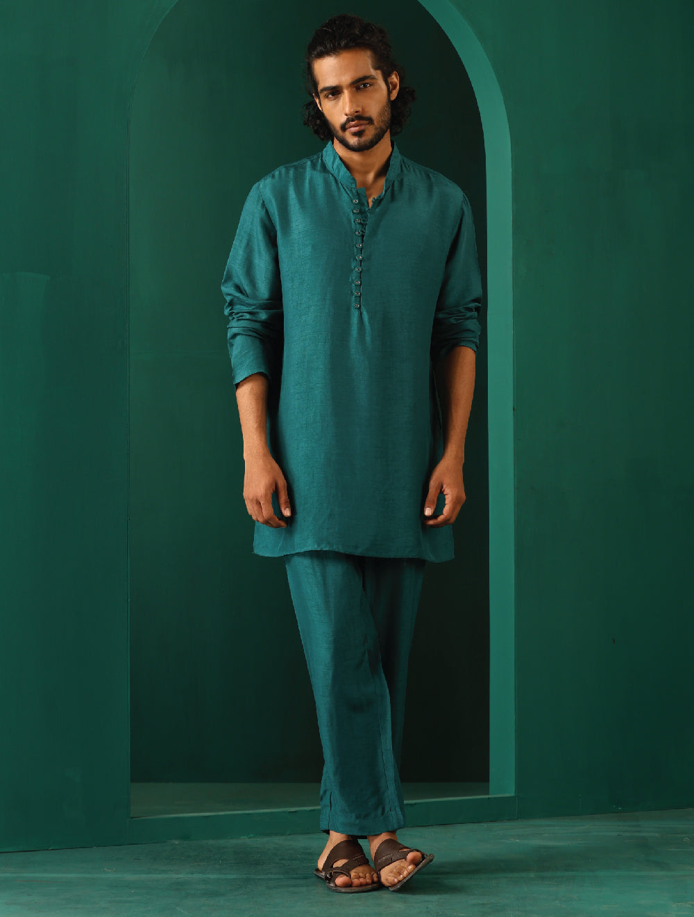 trueBrowns Men's Teal Silk Co-ord Set - Swadesiicart