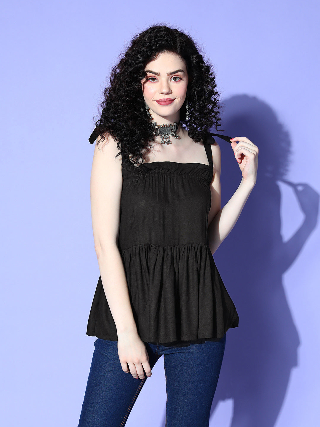 InWeave Black Shoulder Tie-Up Top - Swadesiicart