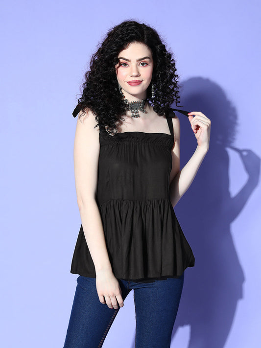 InWeave Black Shoulder Tie-Up Top - Swadesiicart