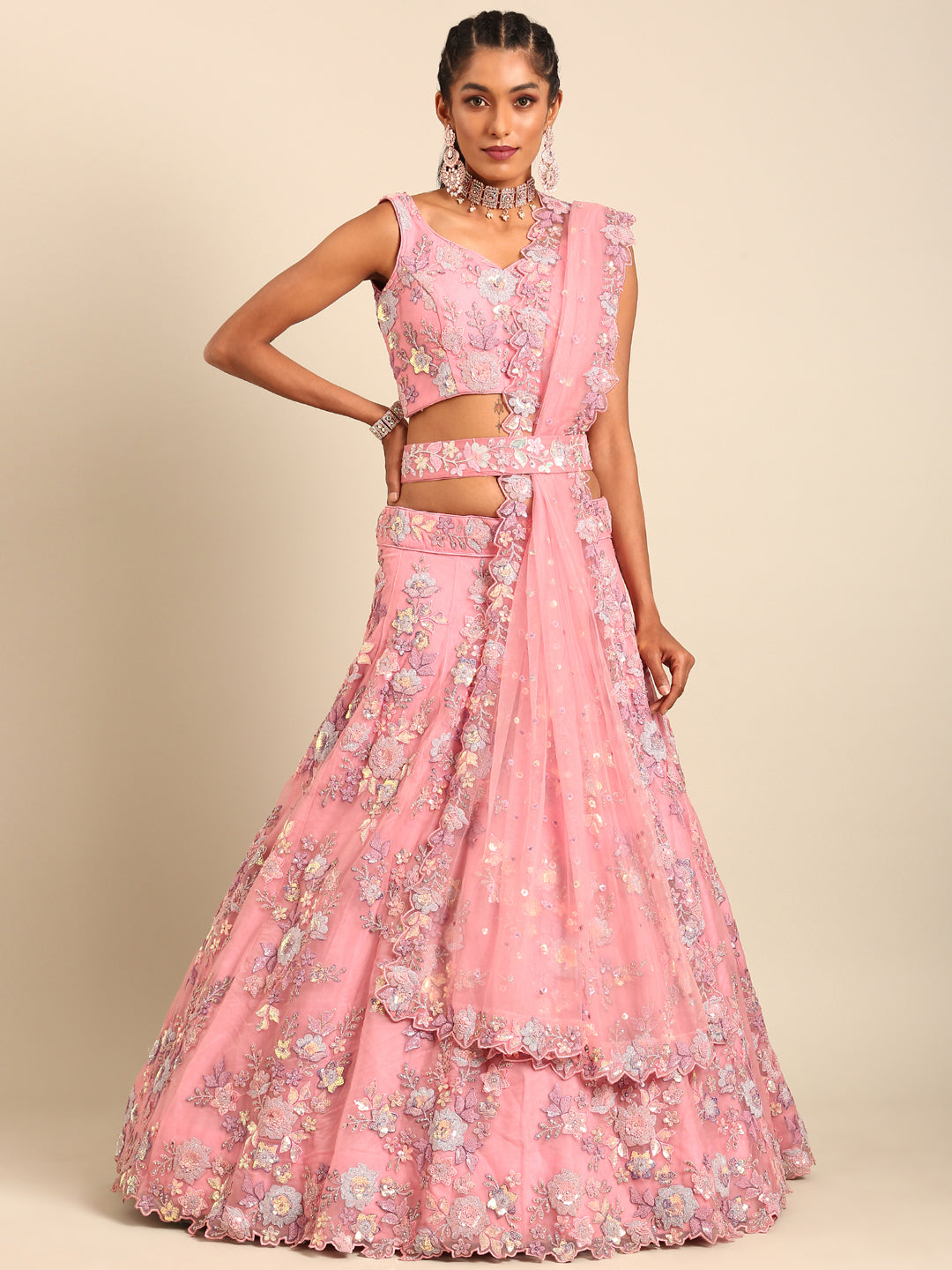 House of Panchhi PINK Net Sequins with heavy Zarkan embroidery Lehenga choli & Dupatta | Swadesiicart