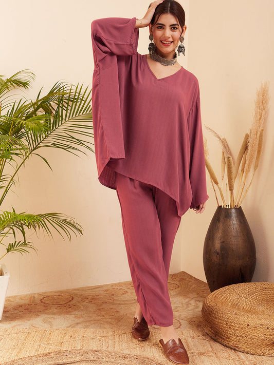 InWeave Women's Light Brown Full Sleeve Boho Top Bottom Set - Swadesiicart
