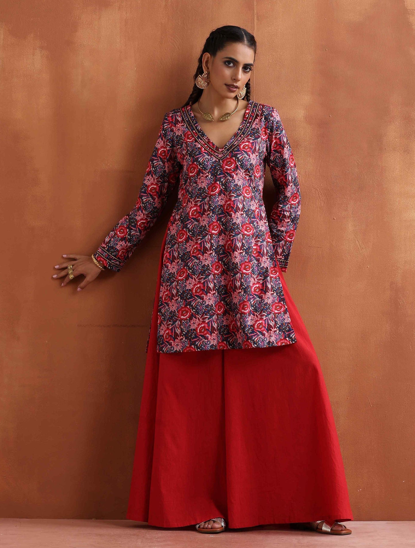trueBrowns Rust Ajrak Print Flared Anarkali Kurta Set | Swadesiicart