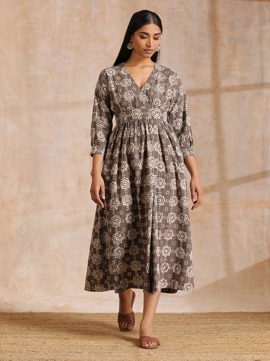 trueBrowns Clay Dabu Overall Print Cotton Wrap Dress | Relove | Swadesiicart