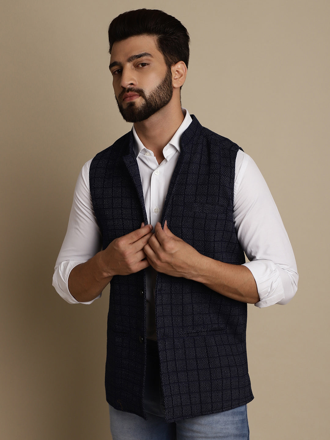 Even Apparels Men's Blue Mandarin Collar Waistcoat | Swadesiicart