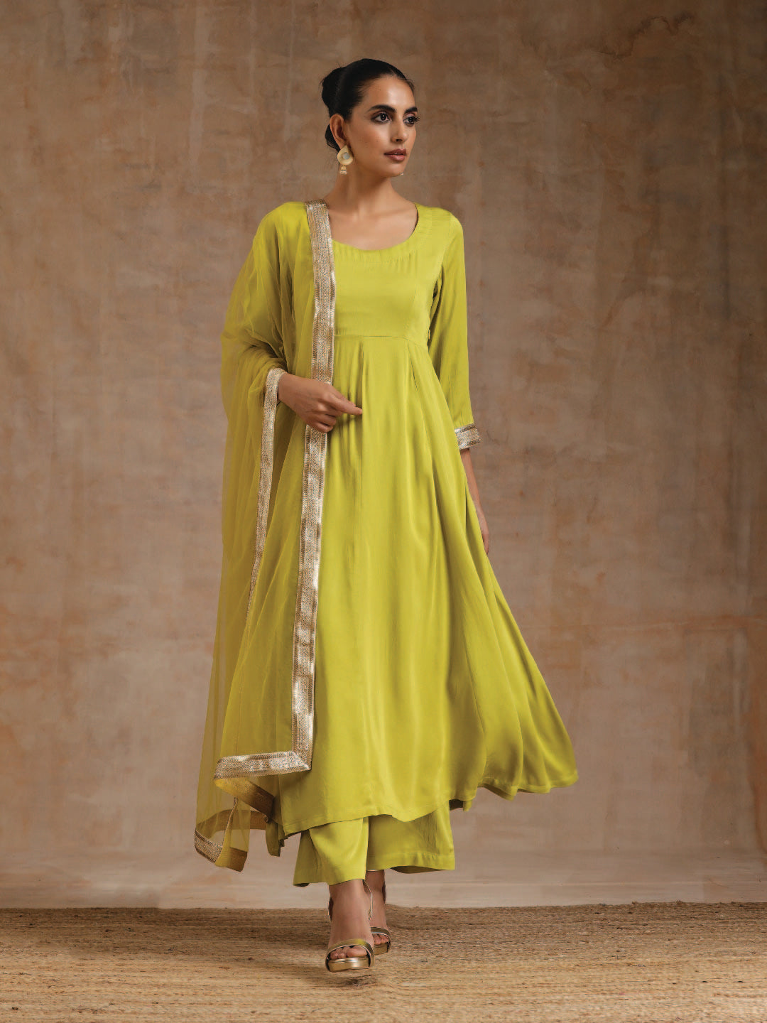 trueBrowns Lime Modal Satin Anarkali Set | Swadesiicart