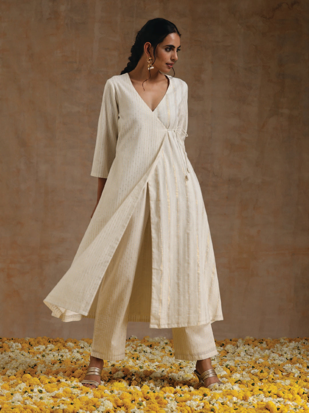 trueBrowns Ivory Gold Cotton Angrakha Kurta Set | Swadesiicart