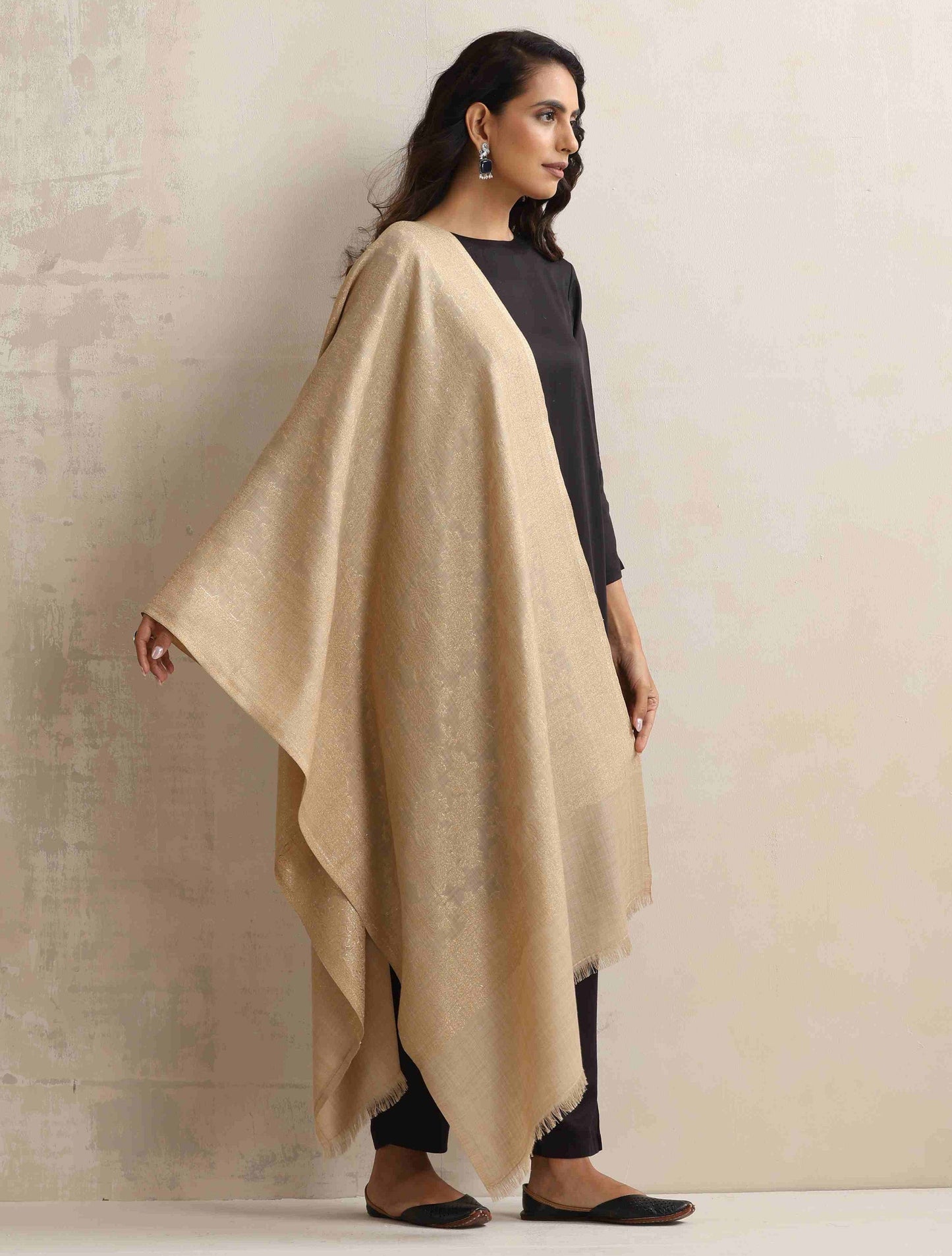 trueBrowns Beige Floral Jaal Woollen Stole | Swadesiicart