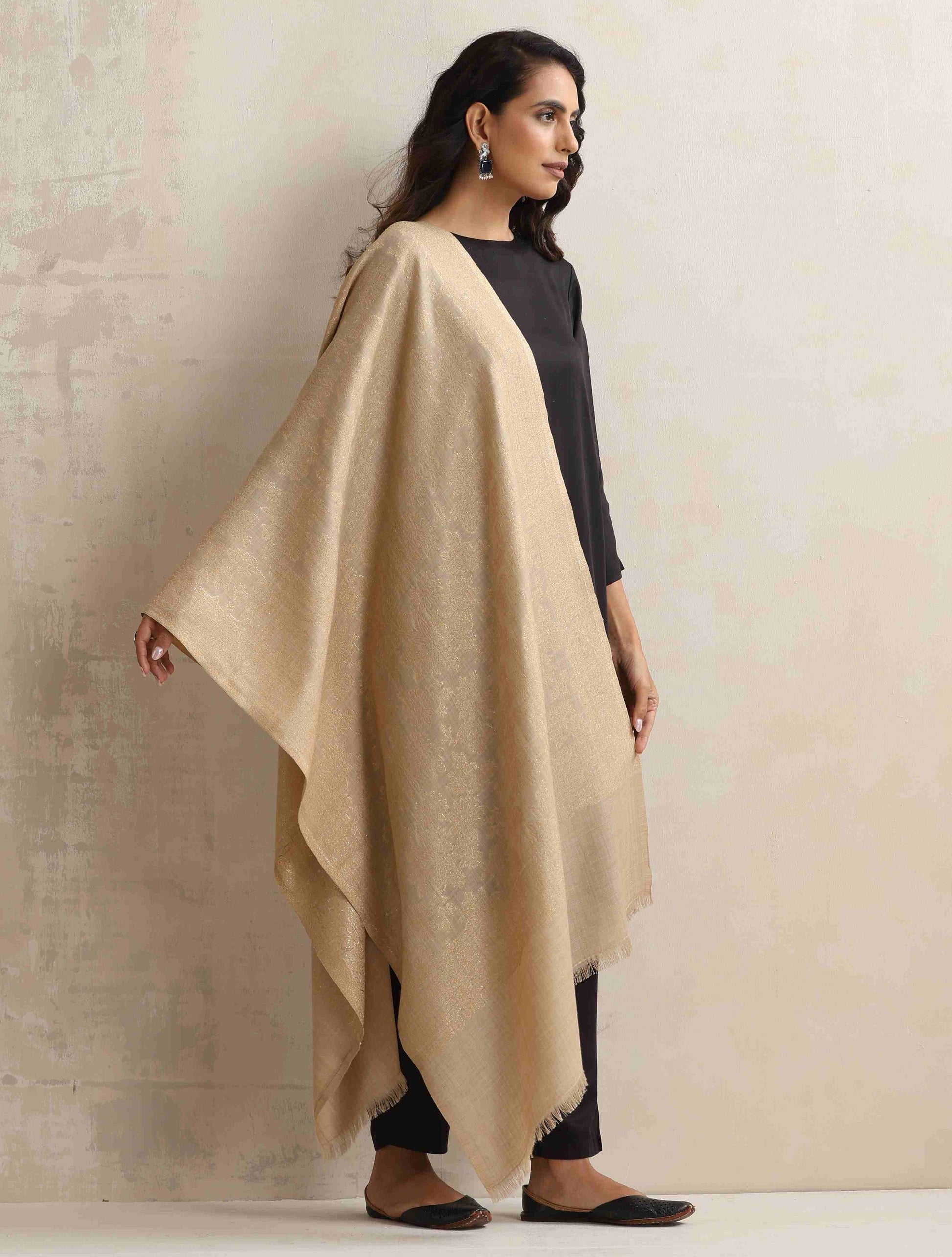 trueBrowns Beige Floral Jaal Woollen Stole | Swadesiicart