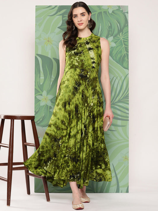 InWeave Women's Green Tie And Die Dress - Swadesiicart