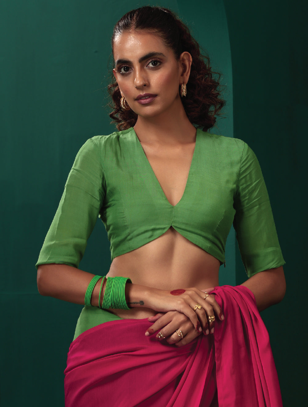 trueBrowns Green Muslin Silk Deep V-Neck Blouse | Swadesiicart