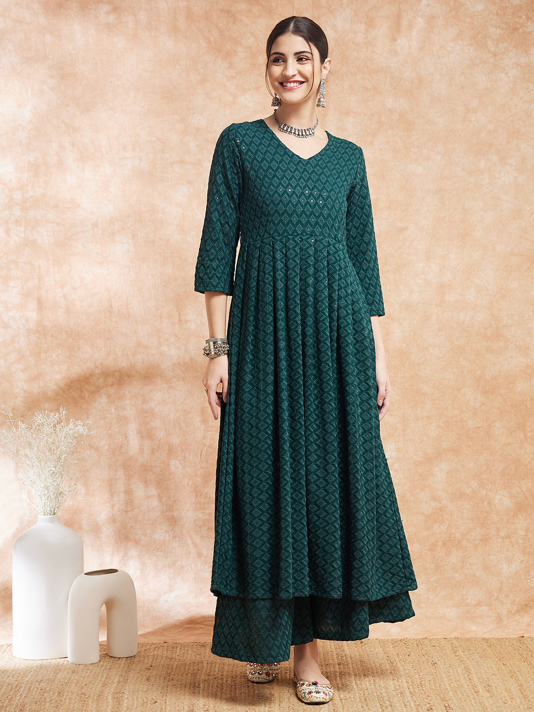 InWeave Women's Forest Green Chikankari Long Anarkali Kurta Sharara Set - Swadesiicart