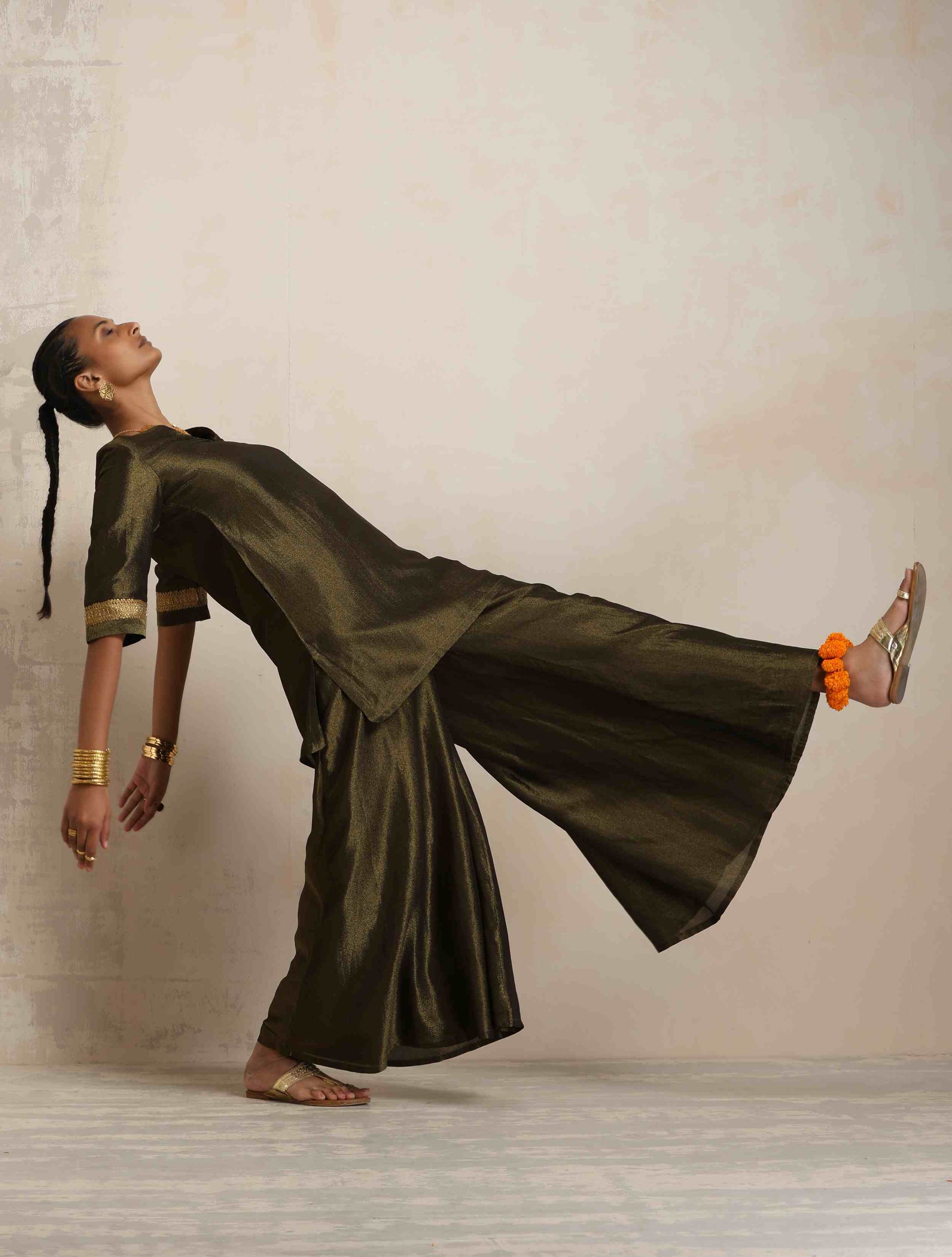 trueBrowns Olive Green Tissue Sharara Set | Swadesiicart