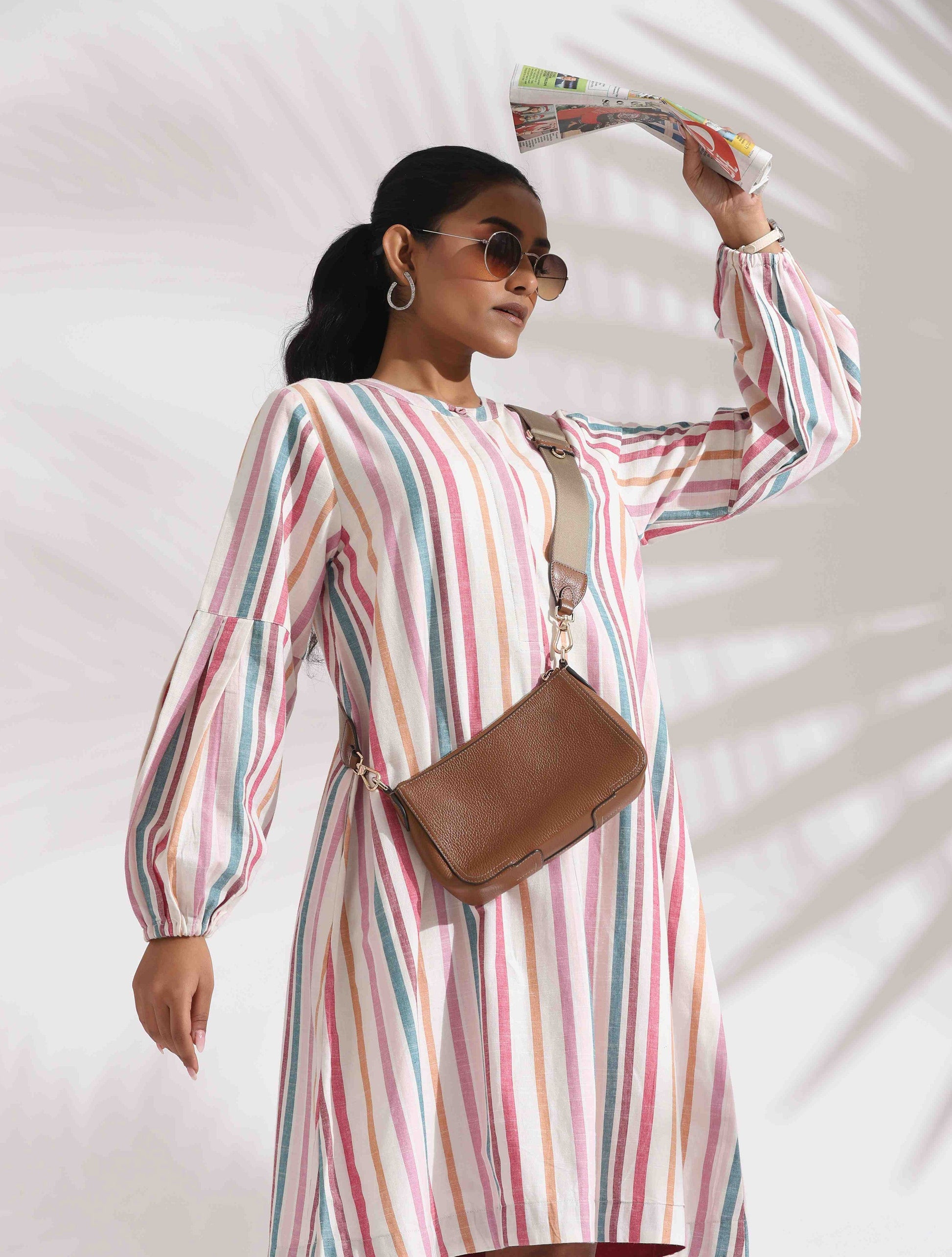 trueBrowns Off-White Cotton Multi Stripe Short Dress | Swadesiicart