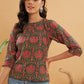 InWeave Women's Green Red Mughal Kalamkari Top - Swadesiicart