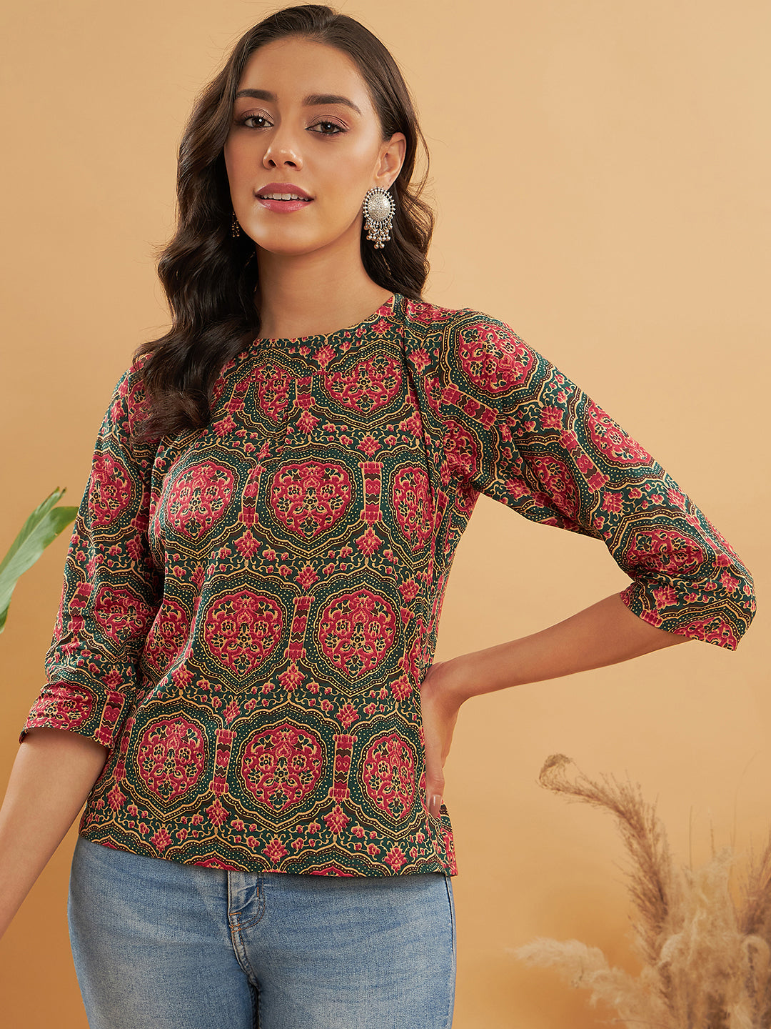 InWeave Women's Green Red Mughal Kalamkari Top - Swadesiicart