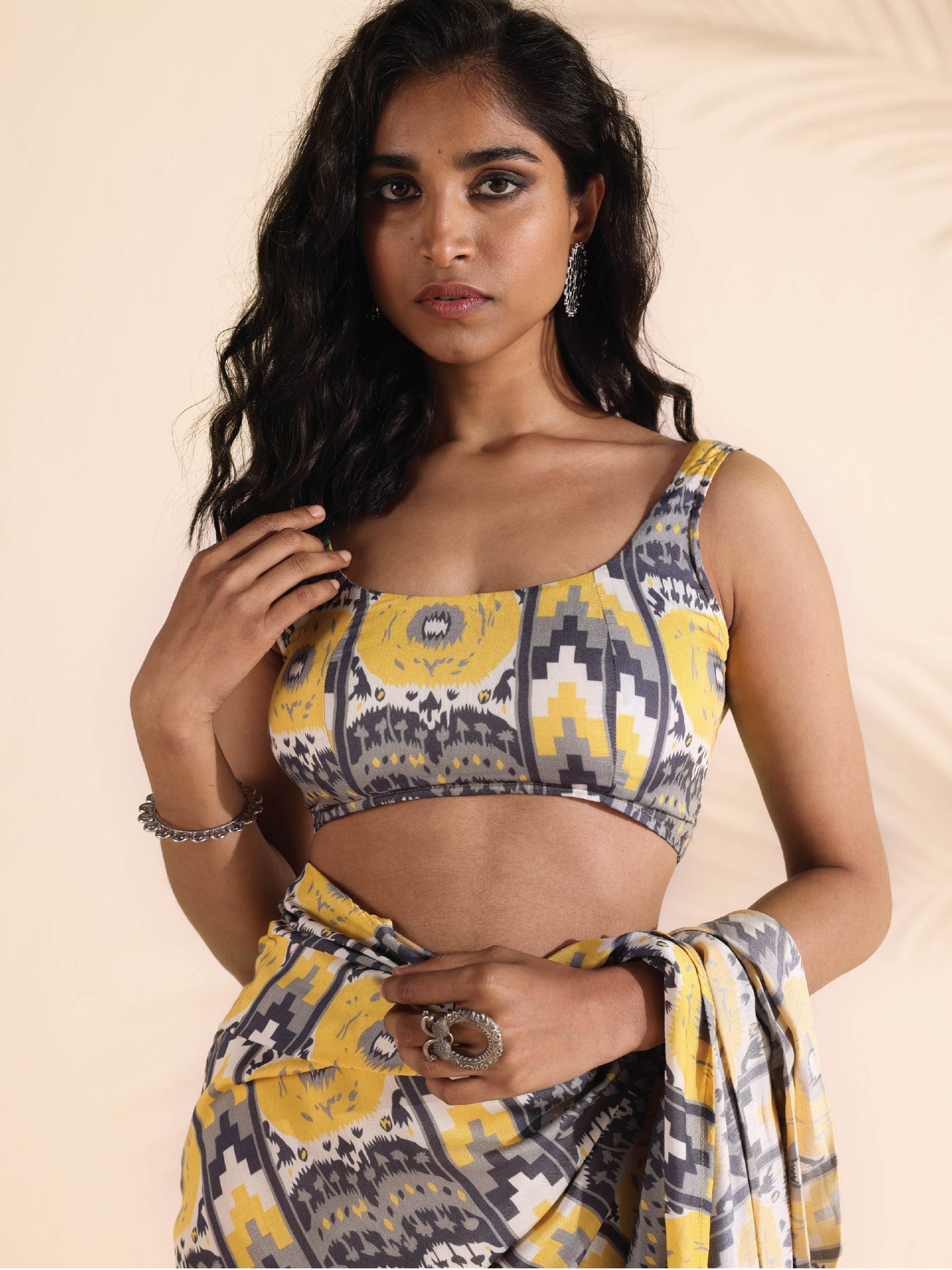 trueBrowns Yellow Muslin Ikat Sleeveless Blouse | Swadesiicart