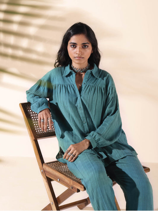 trueBrowns Turquoise Cotton Dobby Shirt Co-ord Set - Swadesiicart