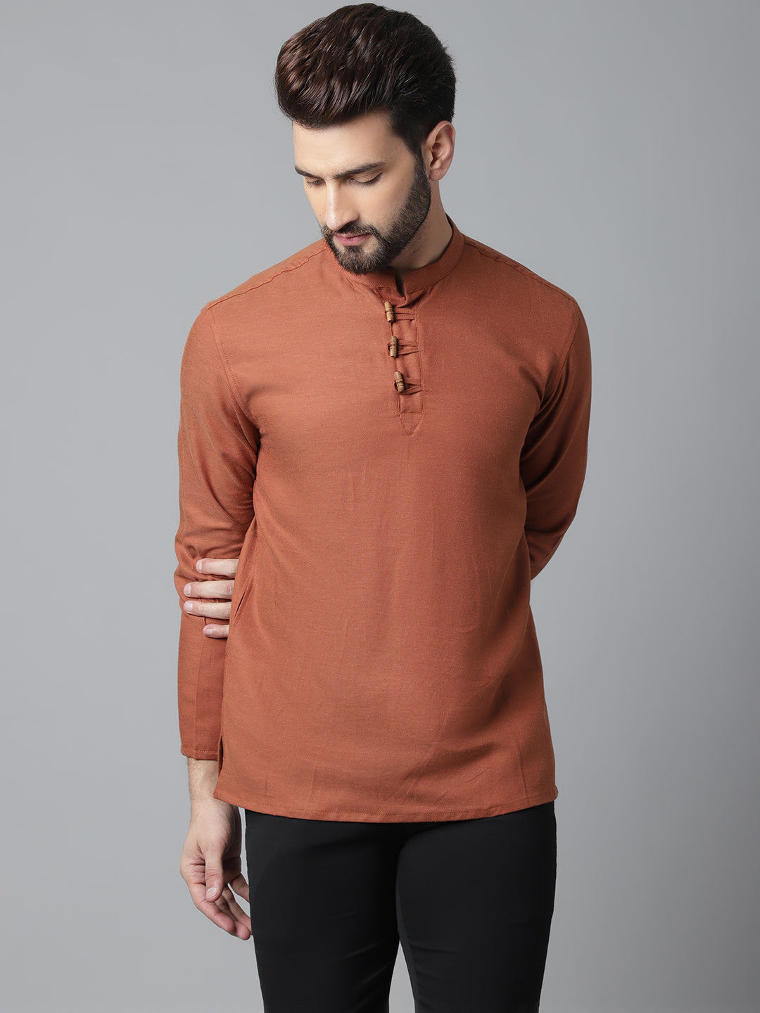 Even Apparels Rust Pure Cotton Kurta With Band Collar | Swadesiicart