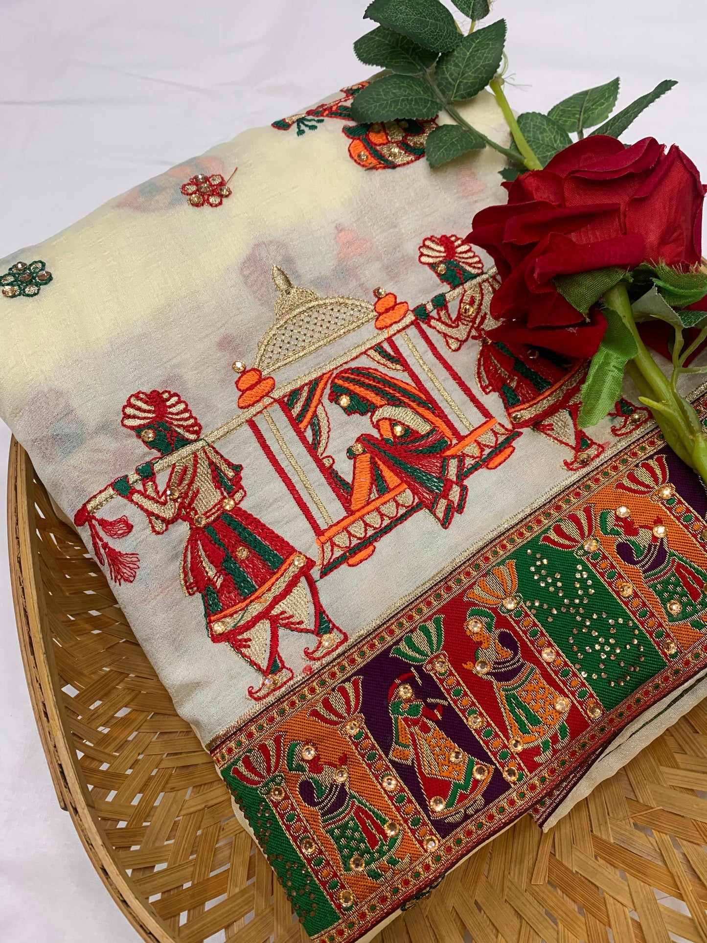 Lorenvalley Fashion Premium White Vichitra Silk Embroidery and Diamond work Both Side Saree - Swadesiicart