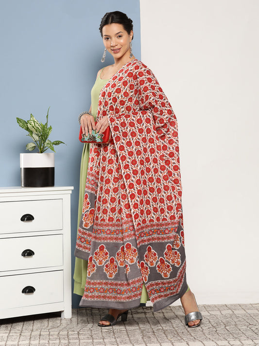 InWeave Women's Light Green Ray Strappy Set With Orange Floral Cotton Dupatta - Swadesiicart
