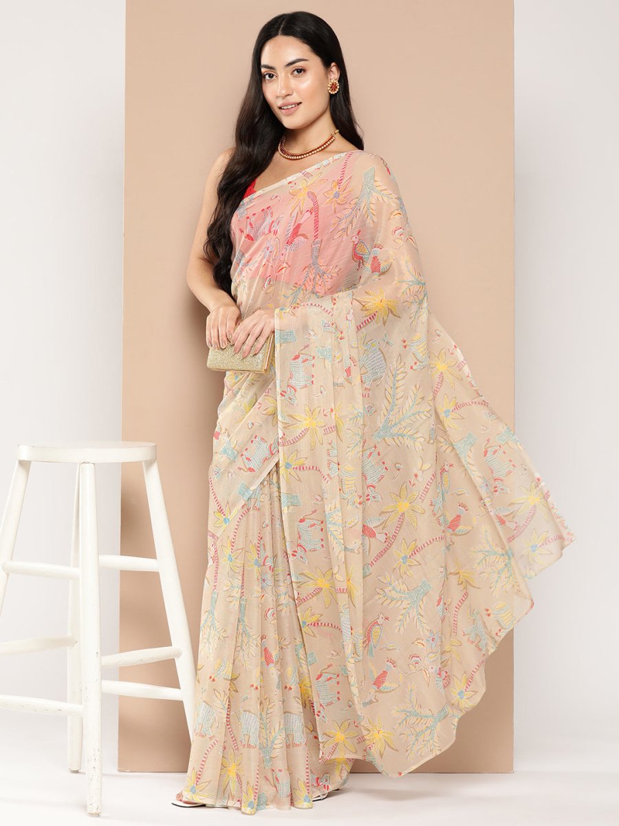 Ahalyaa Floral Printed Poly Chiffon Saree | Swadesiicart