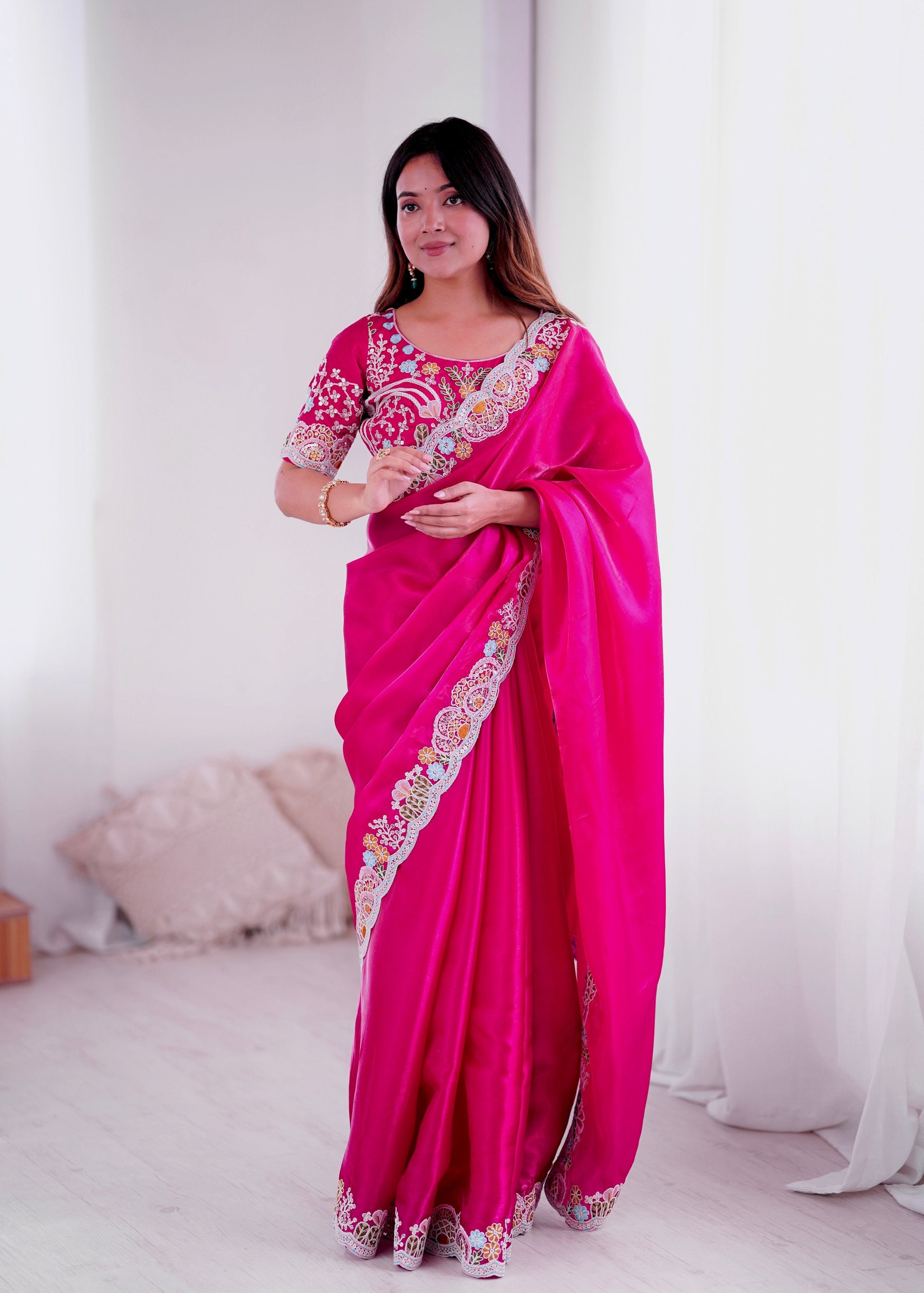 Lorenvalley Fashion Magenta Jimmy Choo with Embroidery Threads Codding & Sequins Work Saree with Blouse - Swadesiicart