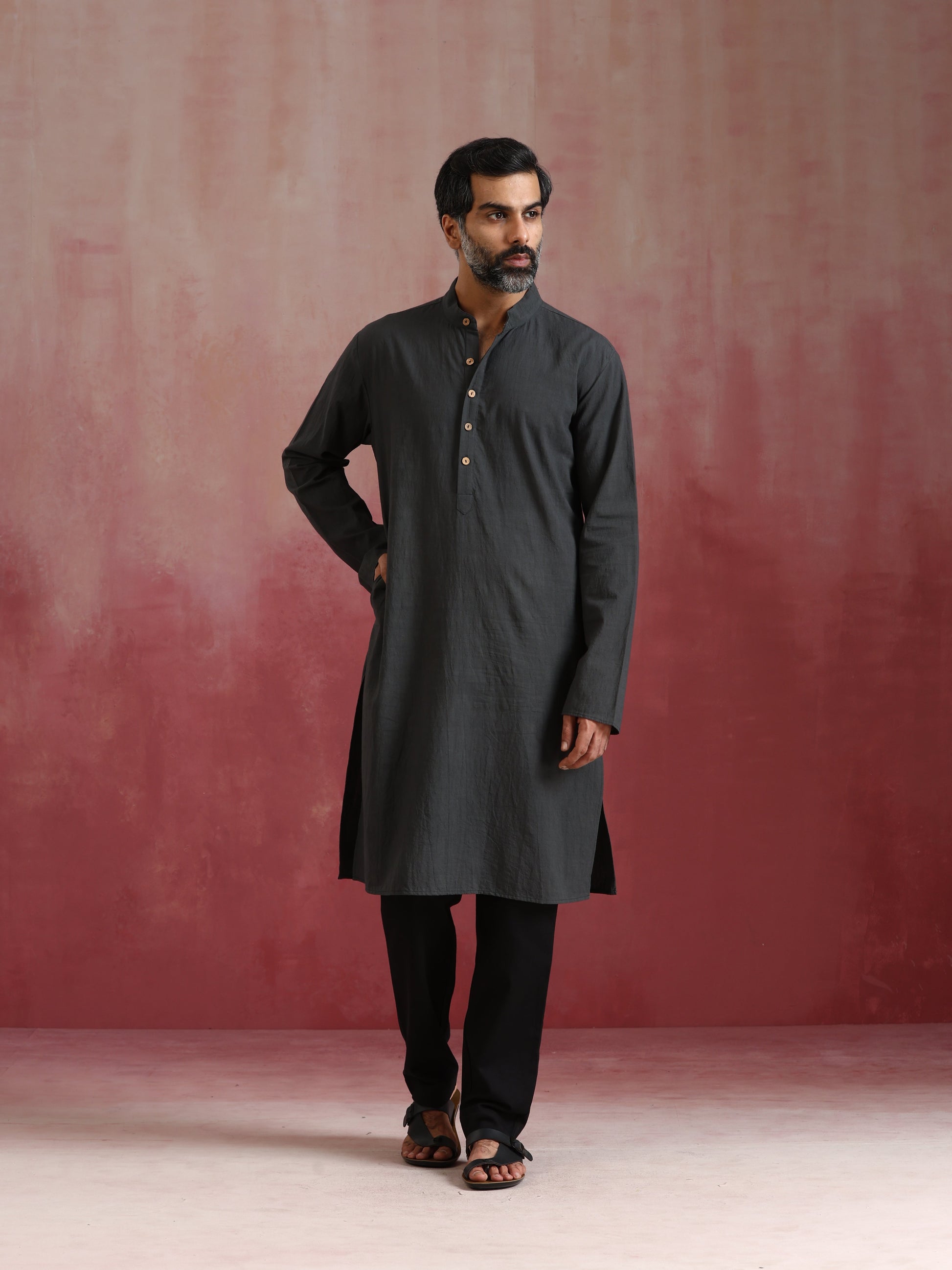 trueBrowns Men's Charcoal Grey Mandarin Collar Kurta | Swadesiicart