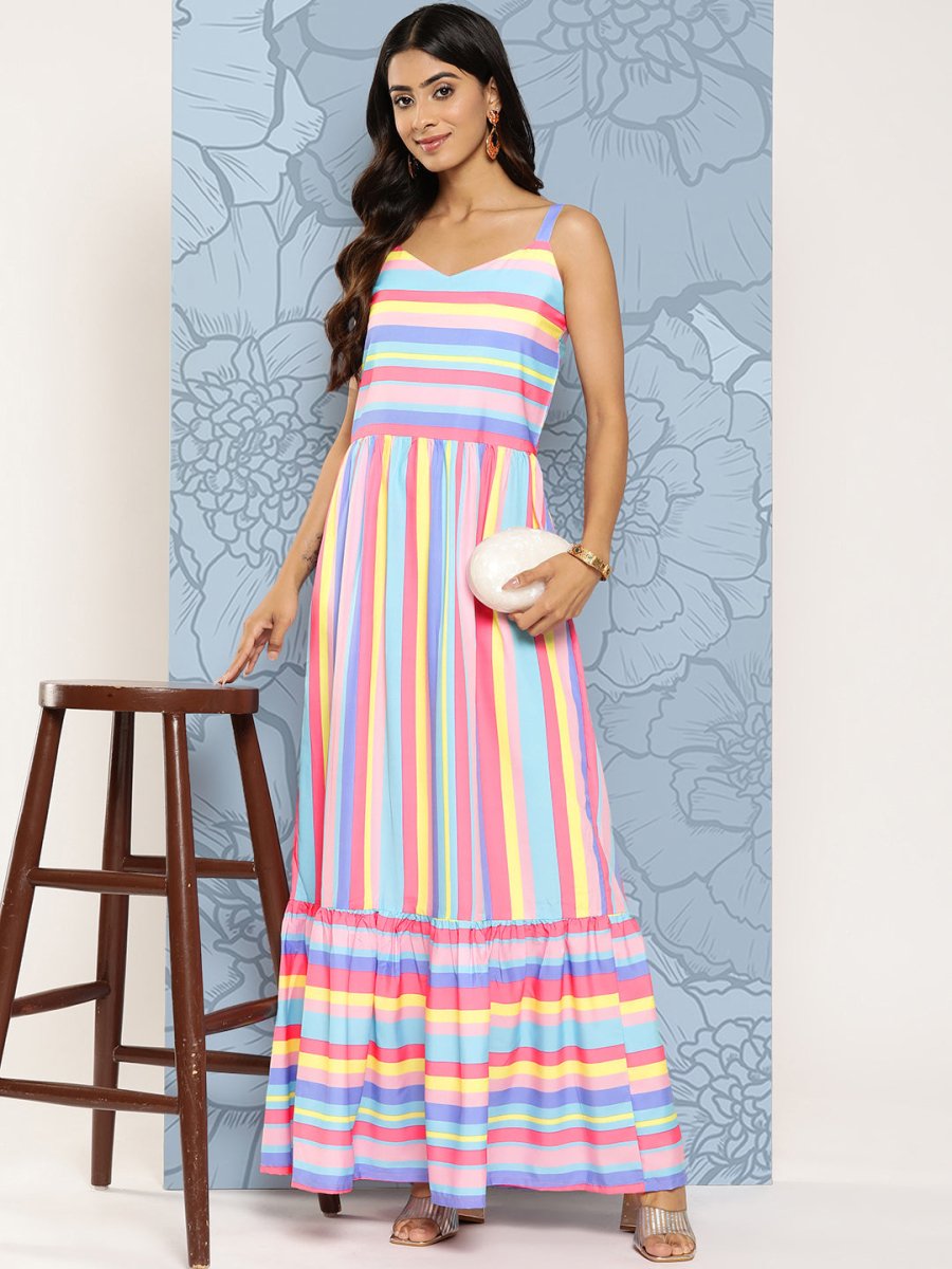 Ahalyaa Striped Crepe Maxi Ethnic Dress | Swadesiicart