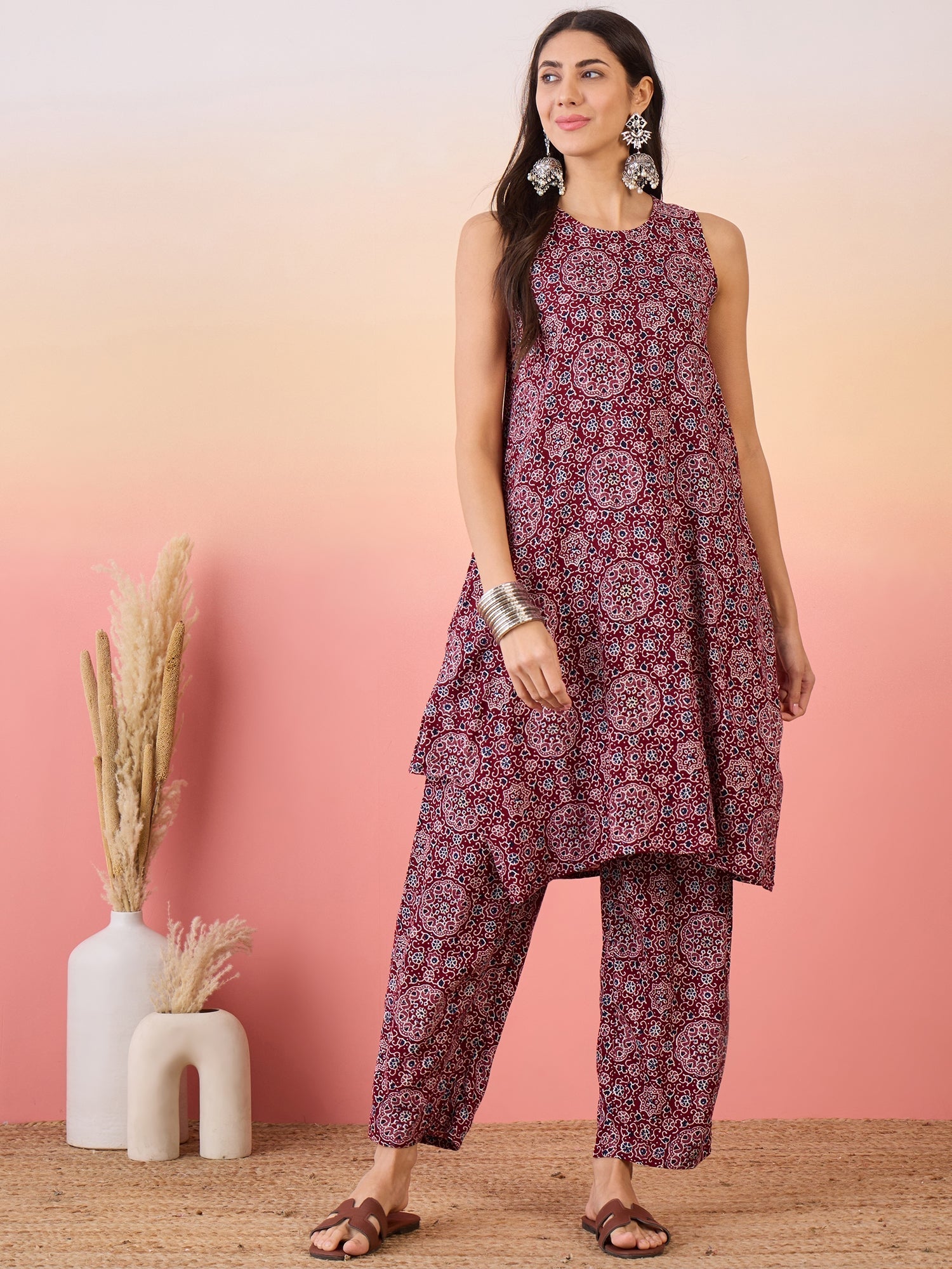 InWeave Maroon Navy Ajrakh Foil Round Neck Kurta Pant Set - Swadesiicart