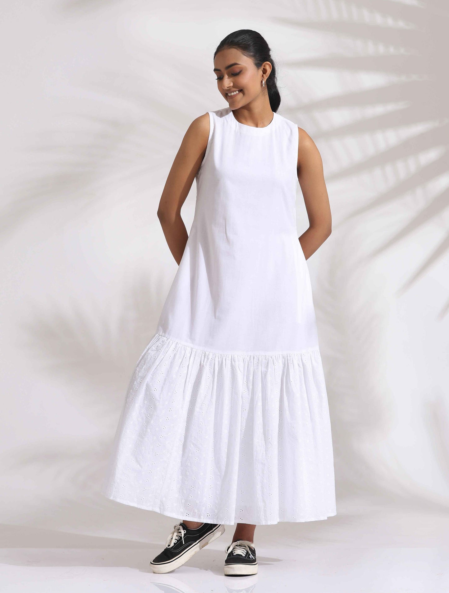 trueBrowns White Cotton Schiffli Tier Dress | Swadesiicart