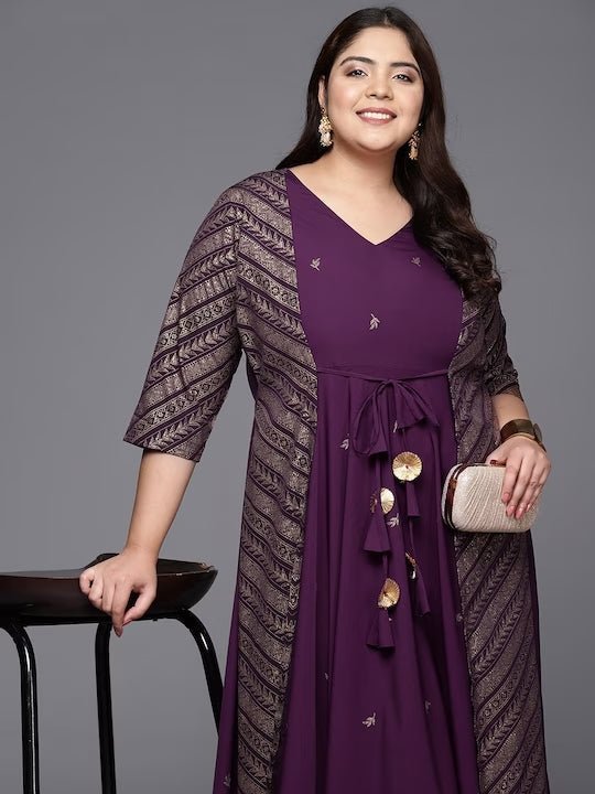 Ahalyaa Plus Size V-neck Maxi Ethnic Dress | Swadesiicart