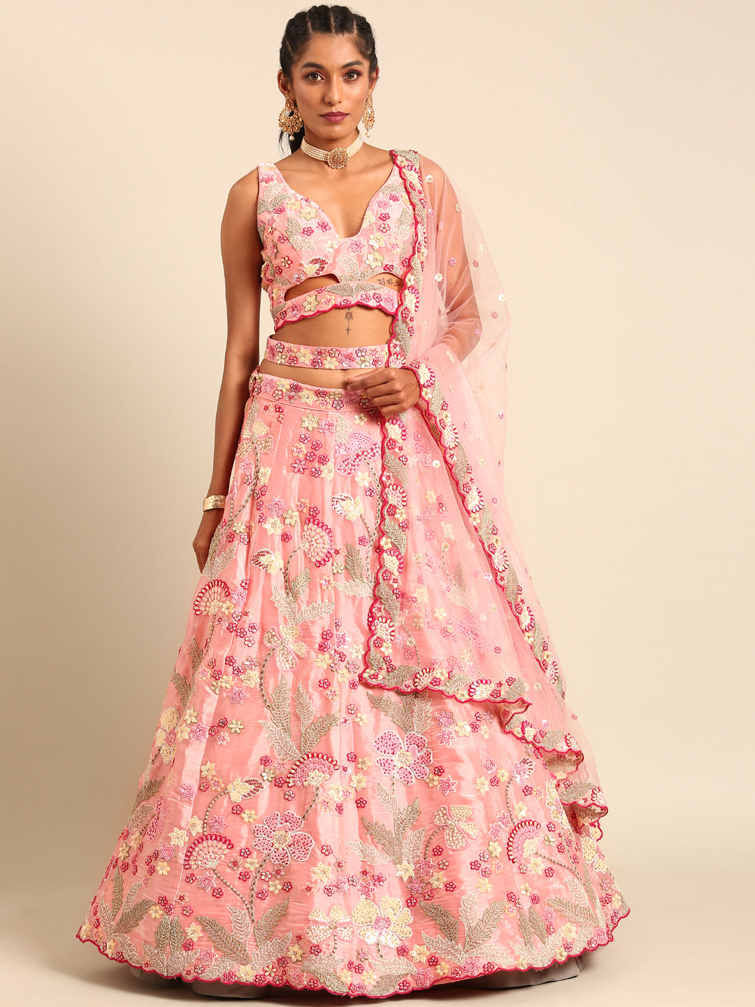 House of Panchhi Pink Organza Sequins And Zarkan Embroidery Lehenga Choli & Dupatta | Swadesiicart