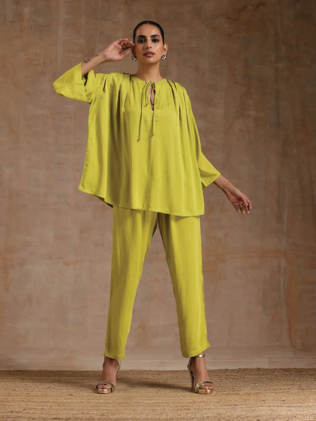 trueBrowns Lime Modal Satin Shoulder Pleat Co-Ord Set - Swadesiicart