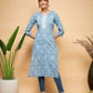 InWeave Women's Powder Blue White Print Lace Straight Kurta - Swadesiicart