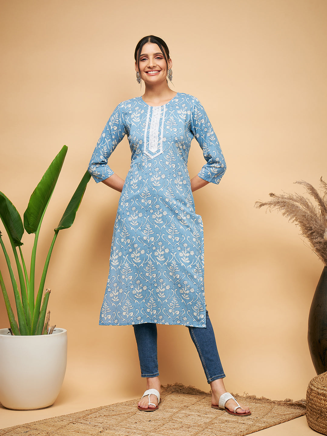 InWeave Women's Powder Blue White Print Lace Straight Kurta - Swadesiicart