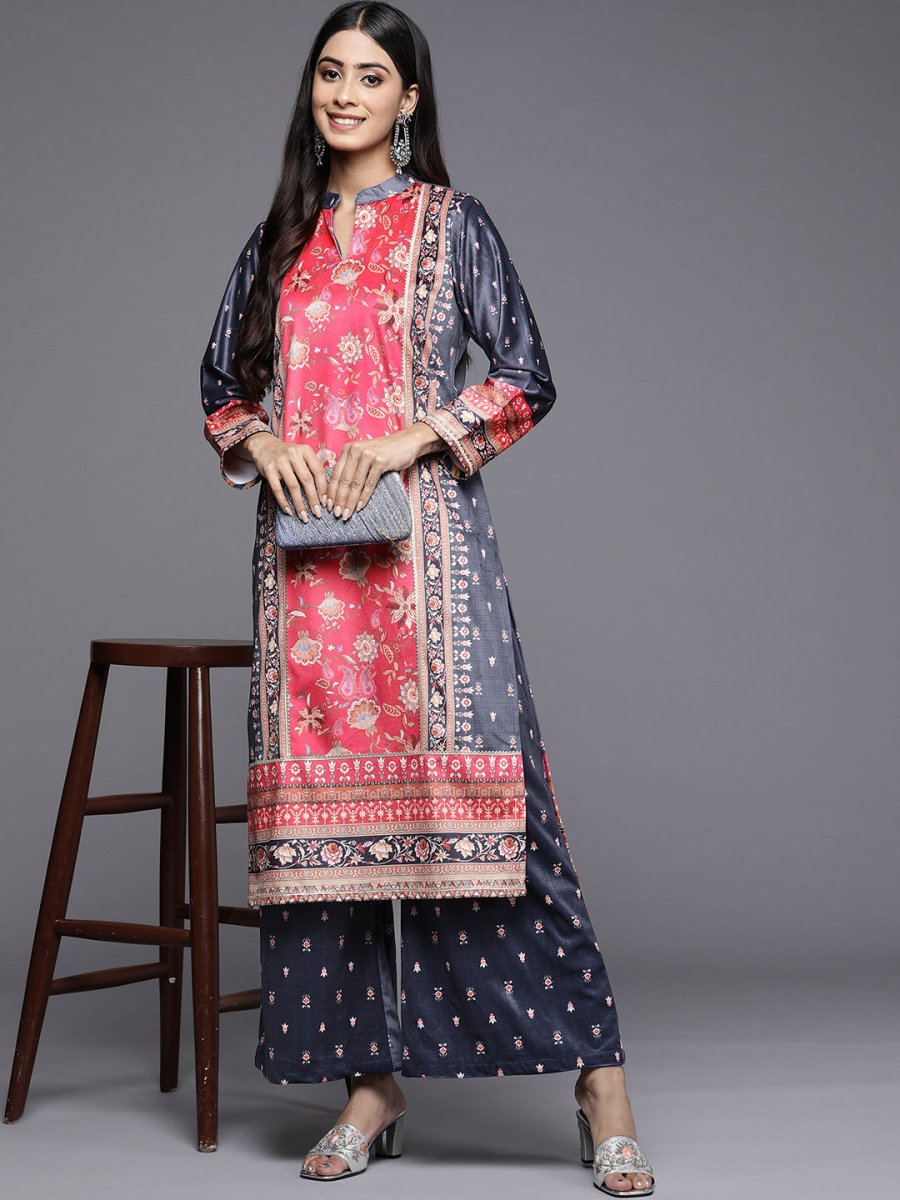 Ahalyaa Women Navy Blue Ethnic Motifs Printed Gotta Patti Velvet Kurta with Palazzos | Swadesiicart