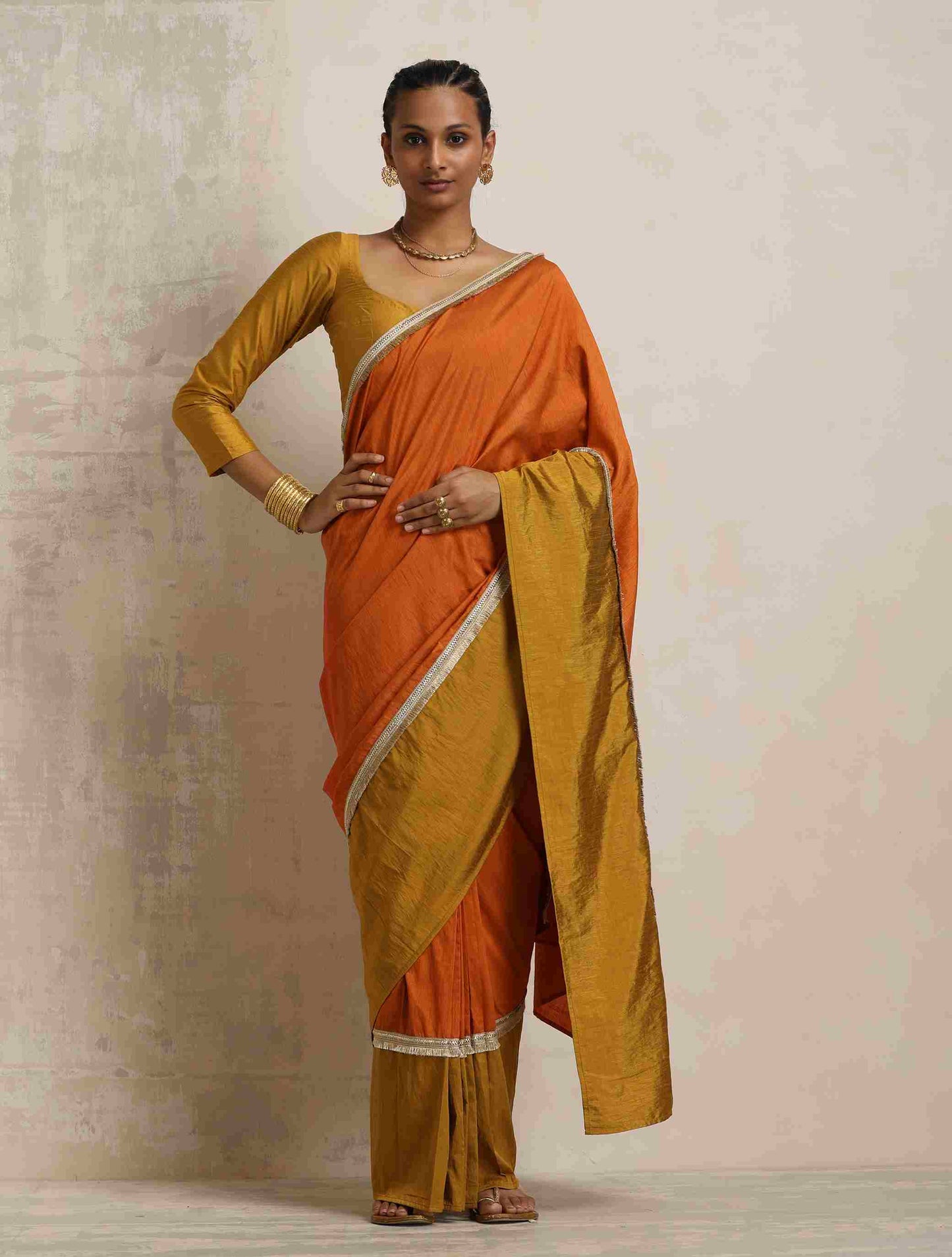 trueBrowns Orange Silk Ready To Wear Saree | Swadesiicart