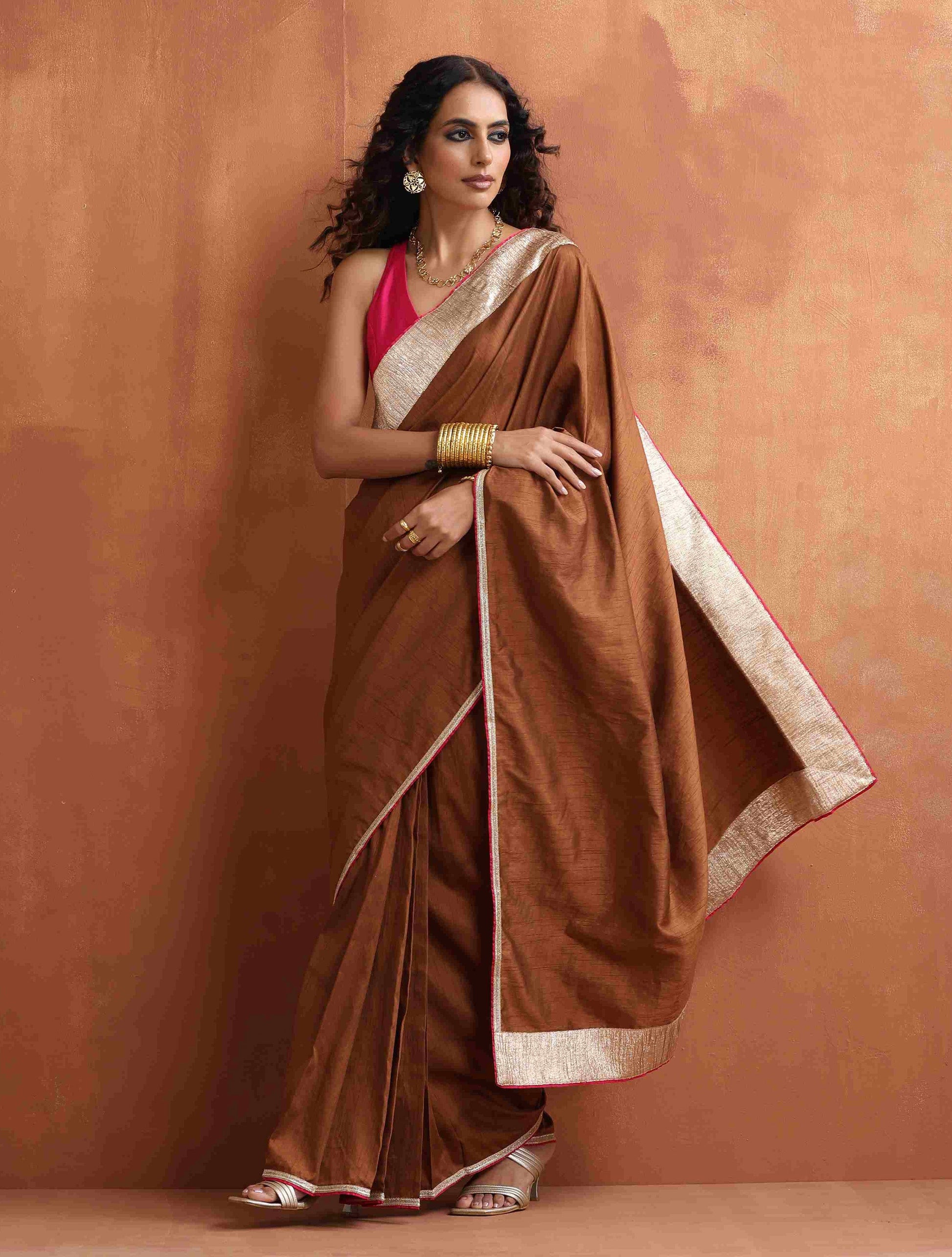 trueBrowns Brown Silk Ready To Wear Saree | Swadesiicart