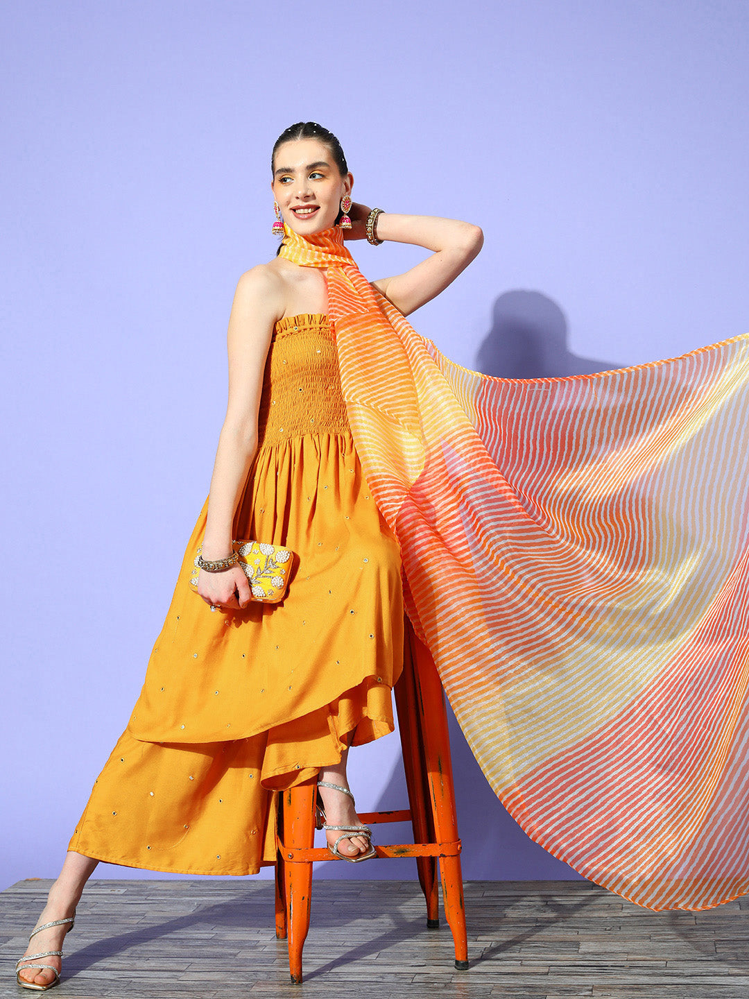 InWeave Women's Mustard Mirror Work Off Shoulder Kurta Set With Dupatta - Swadesiicart