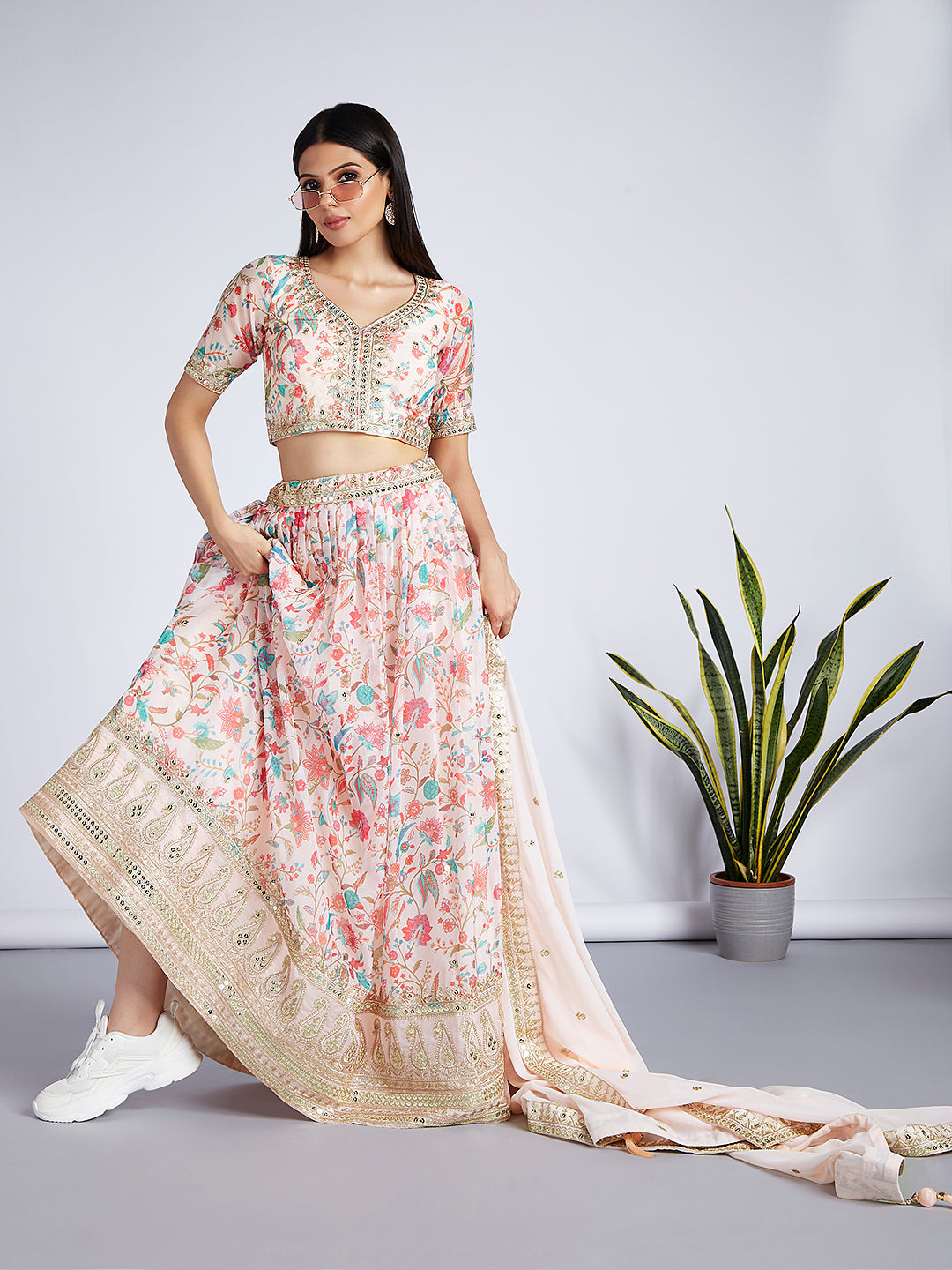 House of Panchhi Cream Colour Organza Floral Design Digital Print Lehenga Choli & Dupatta | Swadesiicart